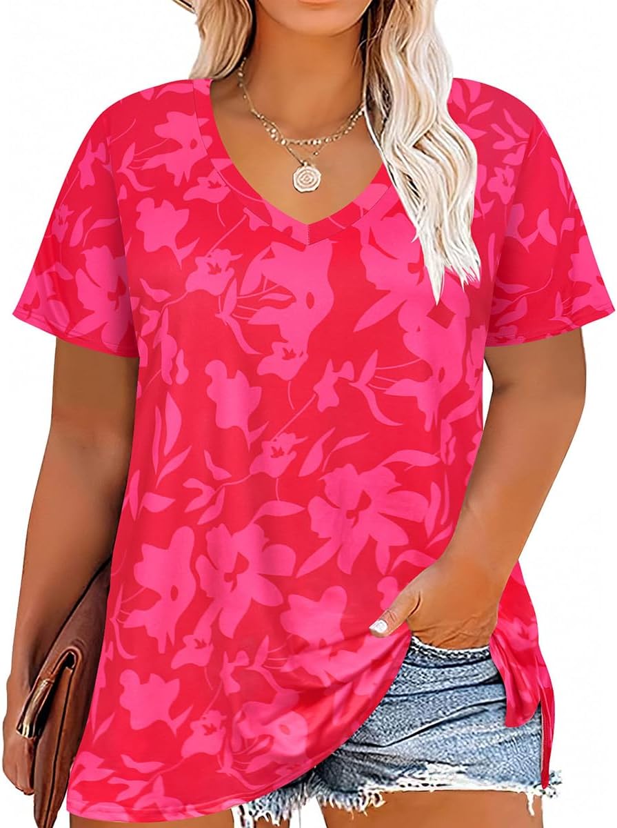 CARCOSWomens Plus Size Tops Basic Summer Shirts Short Sleeve V Neck Tunics Casual T-Shirt Loose Fits XL-5XL