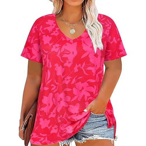CARCOS Womens Plus Size Tops Basic Summer Shirts Short Sleeve V Neck Tunics Casual T-Shirt Loose Fits XL-5XL