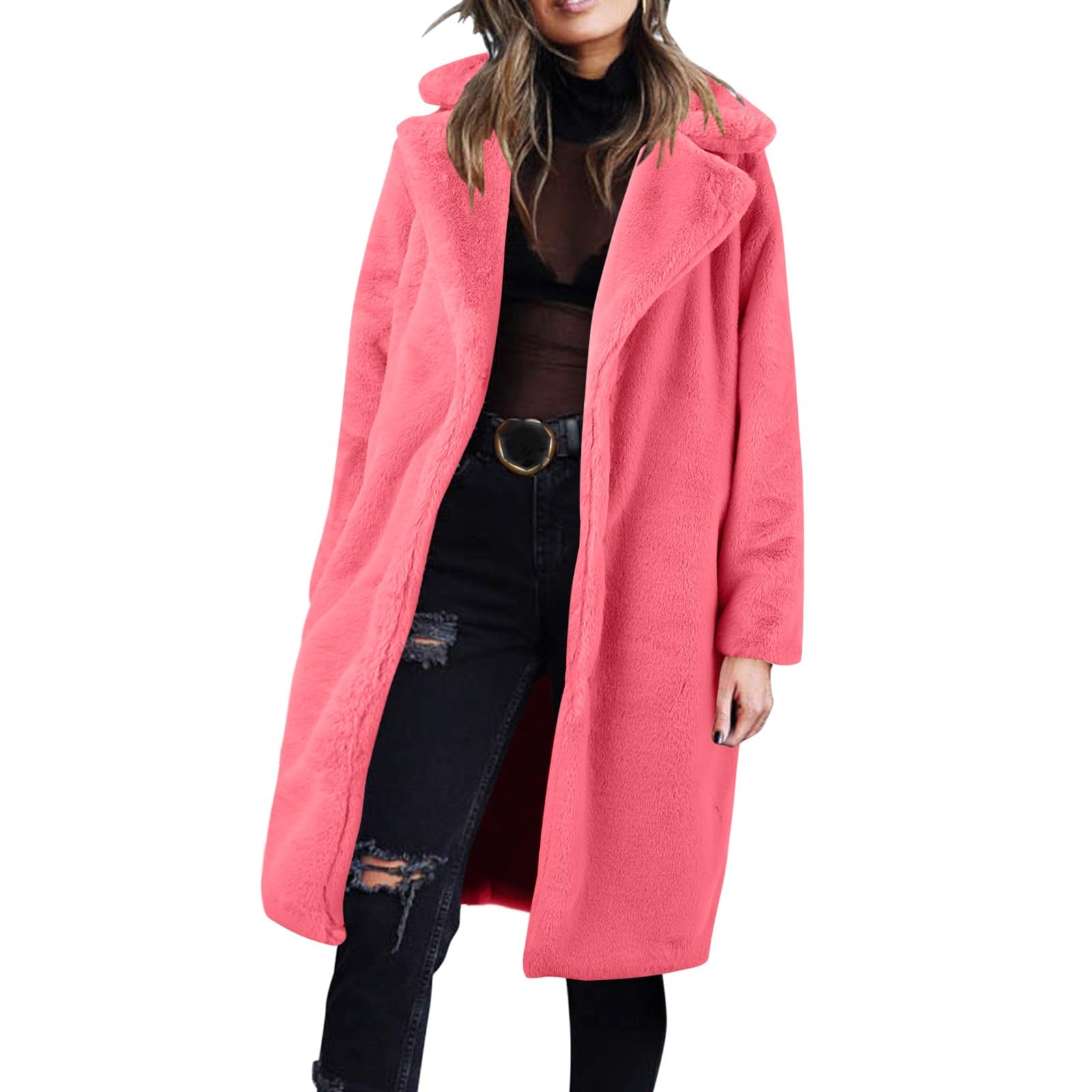 Generisch Piumino lungo da donna, invernale, caldo, soffice, a maniche lunghe, in peluche sintetico