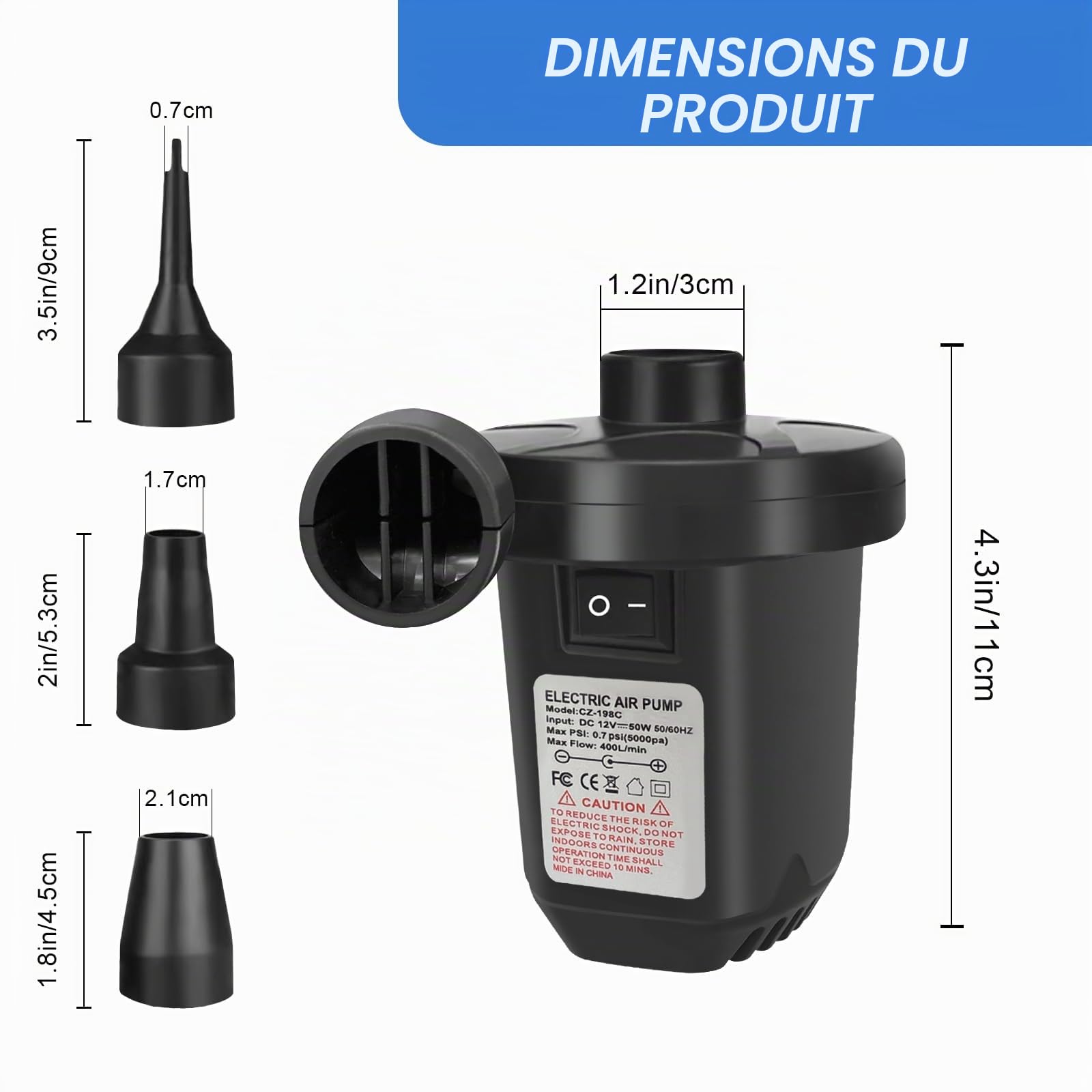 Jsdoin Pompe à air électrique, Pompe à air électrique Haute Puissance 220-240V / 130w pour Matelas Gonflable Piscine Jouets de Plage avec 3 Buses de Taille