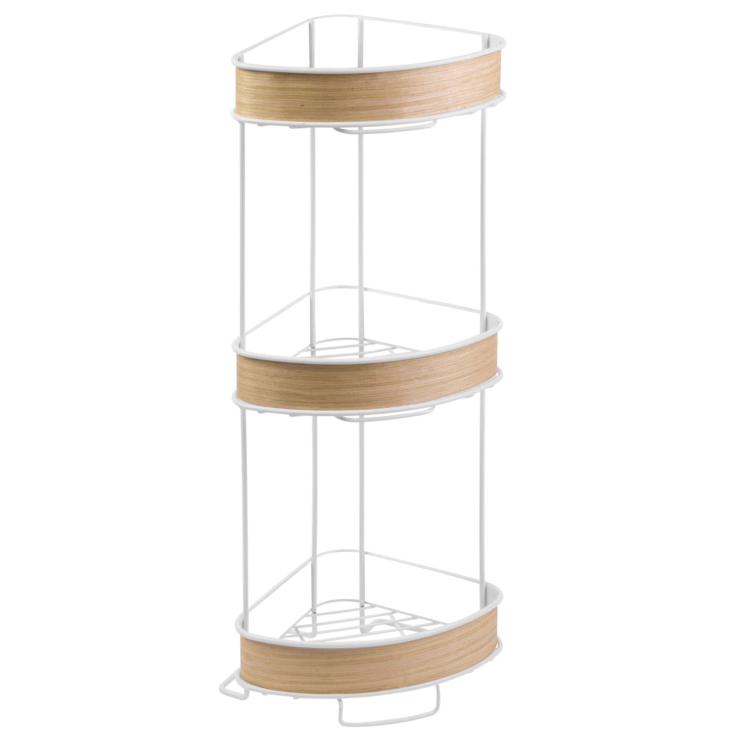 InterDesign RealWood Free Standing 3 Tier Corner Shelf for Bathroom - White/Light Wood Finish