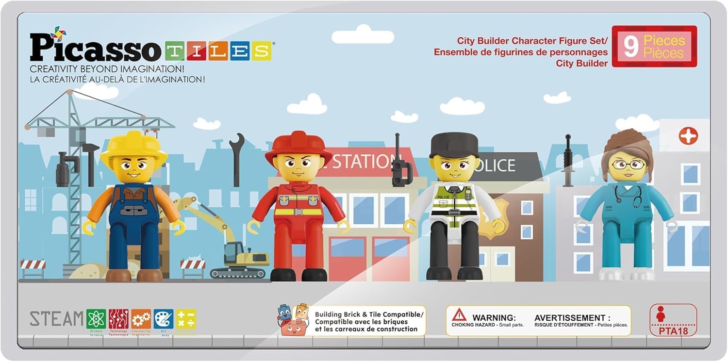 Picasso Toys Magnetic Character Action Figures 4 Piece for Building Block Tile Toddler Toy Set Magnet Expansion Pack Age 3 and up Fireman, Nurse, Police, Constructions Learning Pretend Playset PTA17
