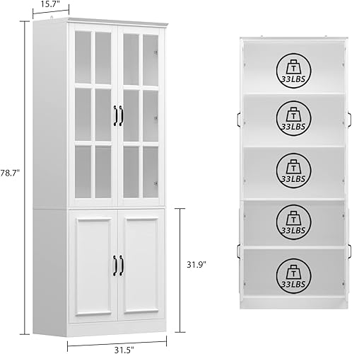 Miniatura 2 de Homsee Estantería alta con 5 estantes de almacenamiento y 2 puertas de vidrio, armario de almacenamiento de madera para oficina en casa, sala de