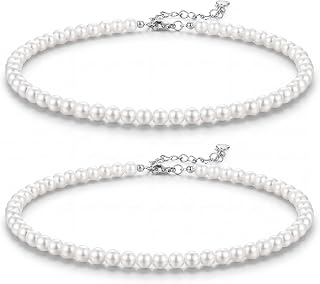 Aurelema 2 Pack Pearl Necklaces for Women, Round Pearl Choker Necklace | 14 Inch 6 mm, Delicate Faux Pearl Strand Beads, Ideal Gift for Ladies Wedding Bridesmaid Occasions, Cream White Glass Pearls