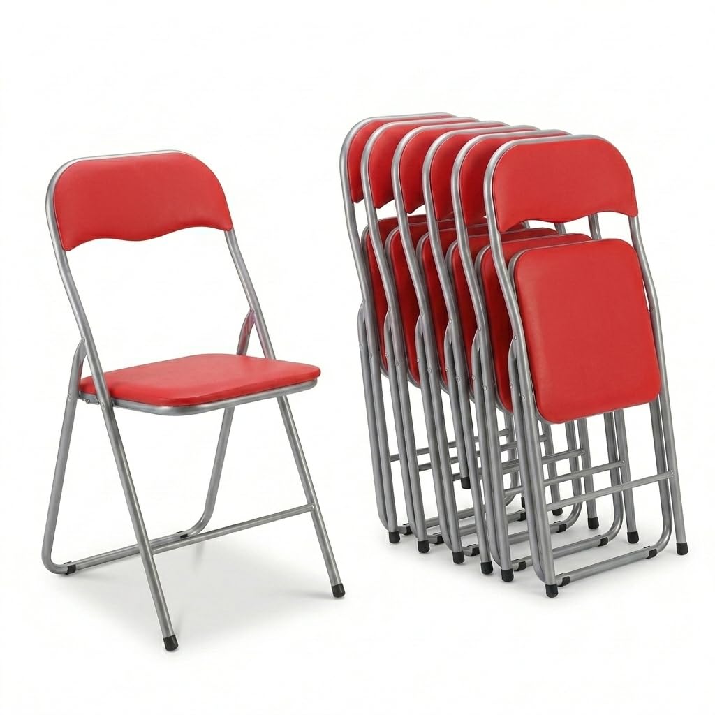 MAKA Set 6 Sedie Pieghevoli da Interno Apri e Chiudi, Imbottite su Schienale e Seduta, Chiusura Compatta 6 cm, Peso 3 kg, Sedie Richiudibili Salvaspazio Ideali per Casa e Ufficio (Rosso)