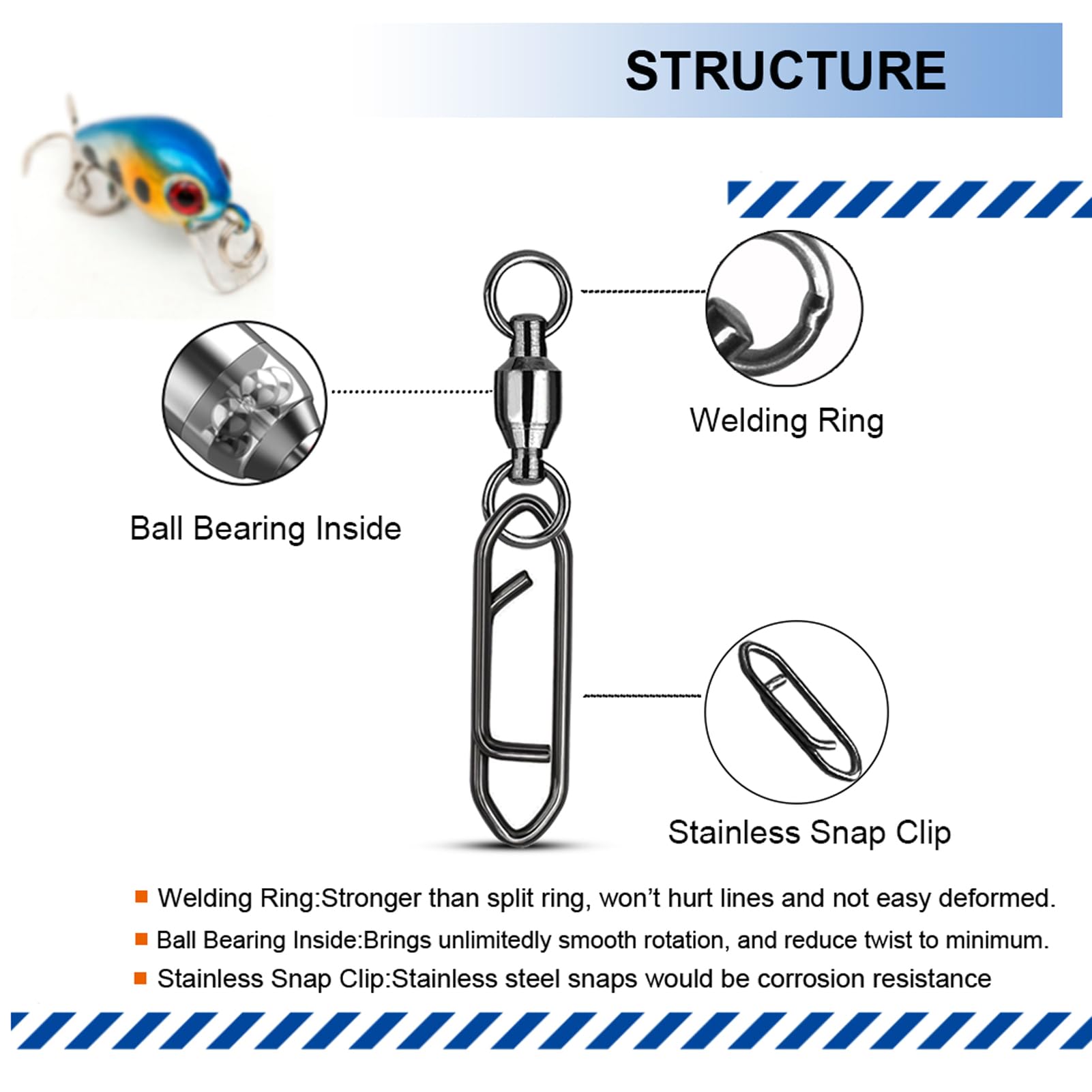 Atibin Snap Connector Fishing Swivels Stainless Bearing Ball Snap Swivels Steel Quick Change Fishing Clips Swivel Black Nickel, 25pcs, 44lbs