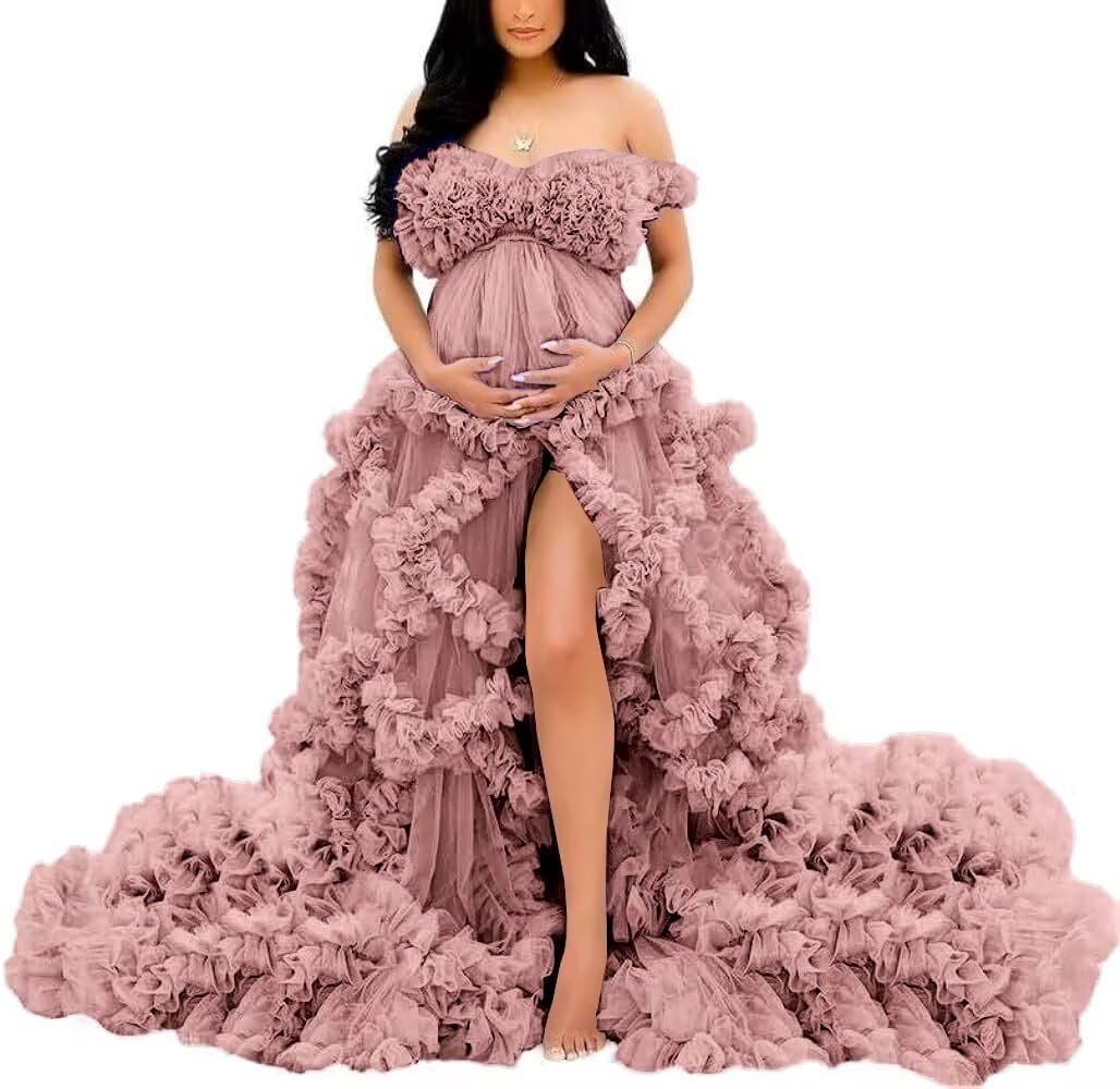 Yiann Women's Dusty Rose Maternity Dress Tulle Robe Pregnancy Dresses For Photoshoot Off Shoulder Bridal Lingerie For Baby Shower Gown Uk6