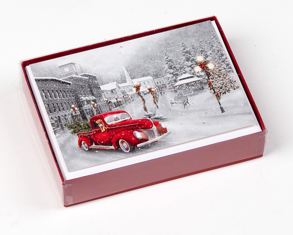 Weihnachtskarte, Motiv: Feiertagsfahrt, Box mit 15 Karten und 16 folieverpackten Umschlägen (evtl. nicht in deutscher Sprache)
