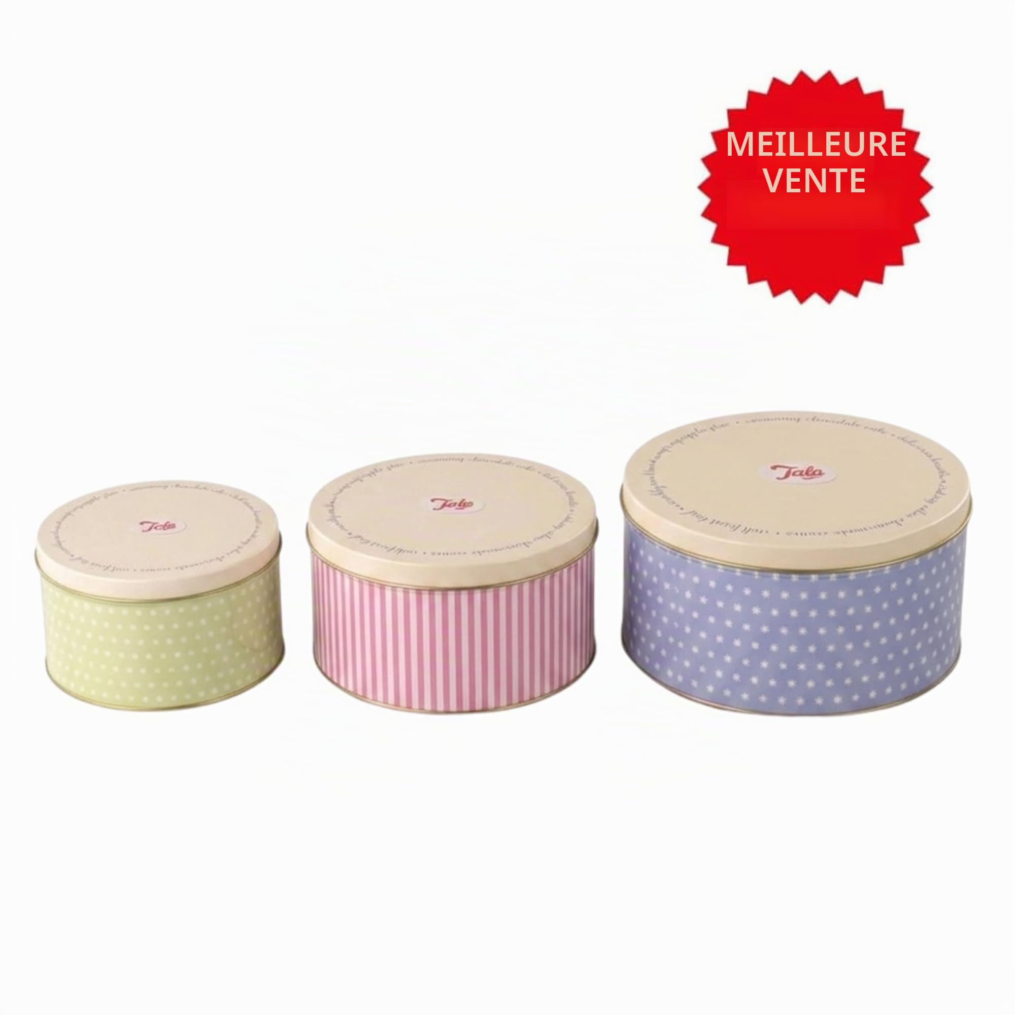 Tala Ensemble de 3 Boîtes à Gâteaux en Métal au Design Rétro Empilables Pour Conservation de Gâteaux, Biscuits et Produits Salés Tailles : 25,5 cm x 10 cm, 22 cm x 9,5 cm et 17 cm x 8,2 cm