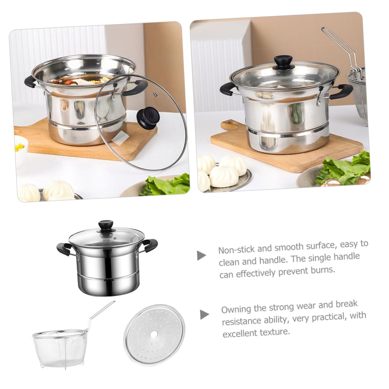 ULTECHNOVO 1 Set Multi Functional Deep Fryer Pot with Basket Lid Versatile Stainless Steel Chip Pan for Home Cooking Frying Boiling and Steaming Easy to Use Store for Kitchen Restaurants