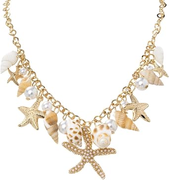 CYWQ Shell Starfish Necklace Conch Pearl Seashell Statement Chunky Layered Shell Necklace Costume Jewelry Beach Jewelry for Women