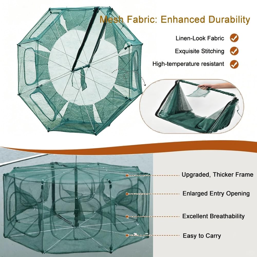 Red de trampa plegable para peces, red de camarones y cangrejos estilo paraguas, red de pesca de apertura automática con múltiples agujeros de entrada, trampa de malla duradera para camarones