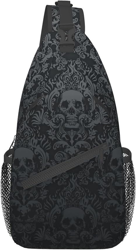 Skull Sling Bag,Victorian Gothic Sling Backpack Black Crossbody Bag Men Casual Shoulder Daypack for Women Men Lightweight Travel Hiking Gym
