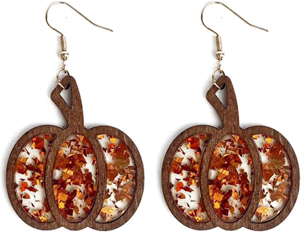 Halloween Spark Glitter Pumpkin Wooden Drop Earrings Thanksgiving Leopard Print Leather Pumpkin Wooden Dangle Earrings for Women Fall Thanksgiving Halloween Party Jewelry Gifts