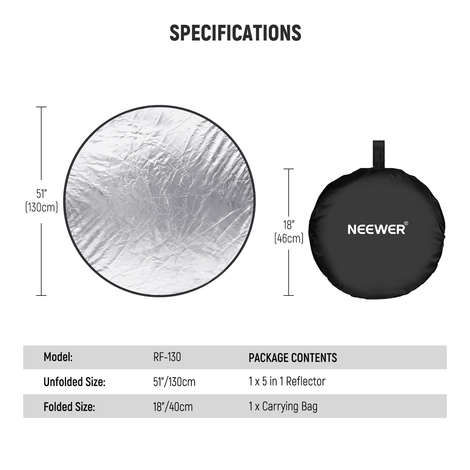 NEEWER 51"/130 cm dyfuzor światła 5 w 1 składany wielopłyskowy z torbą - przezroczysty, srebrny, złoty, biały i czarny do fotografii studyjnej oświetlenia na zewnątrz, RF-130