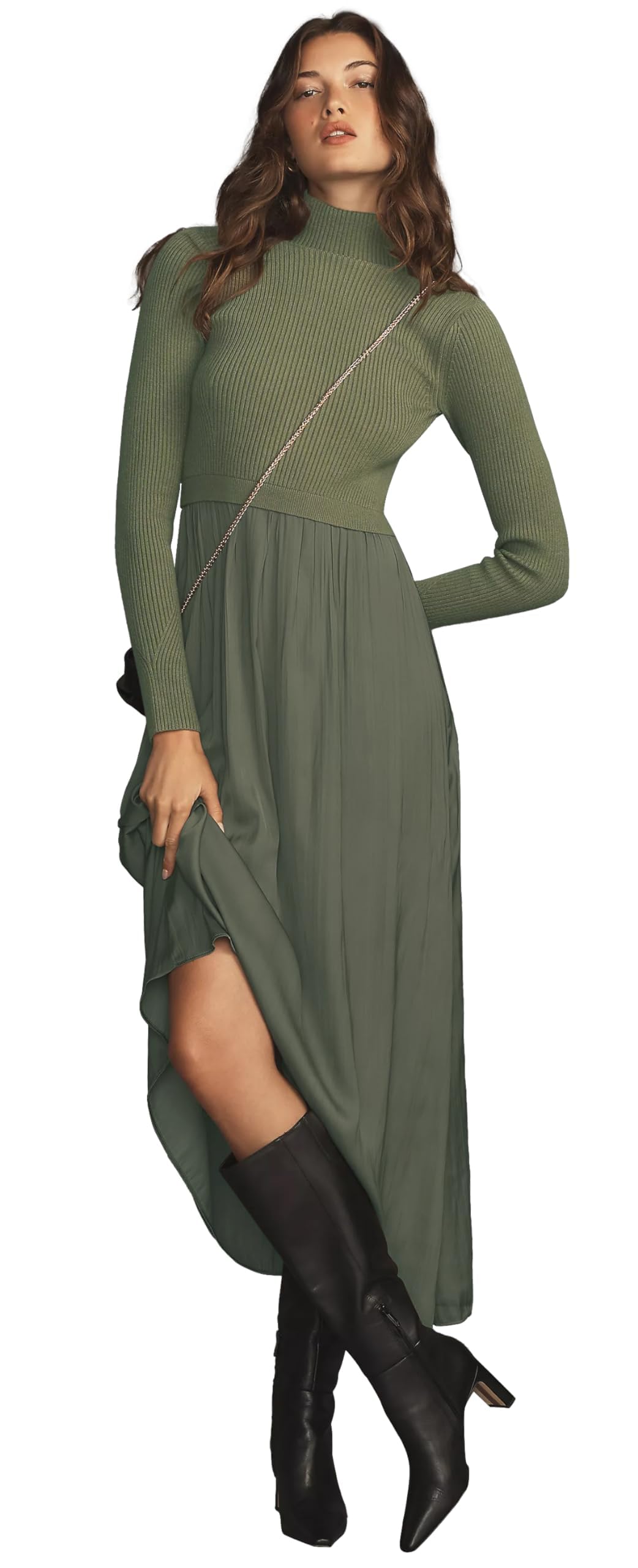 Womes Mock Turtleneck Long Sleeve Ribbed Knit Pullover Tops Fashion Long Maxi Dress
