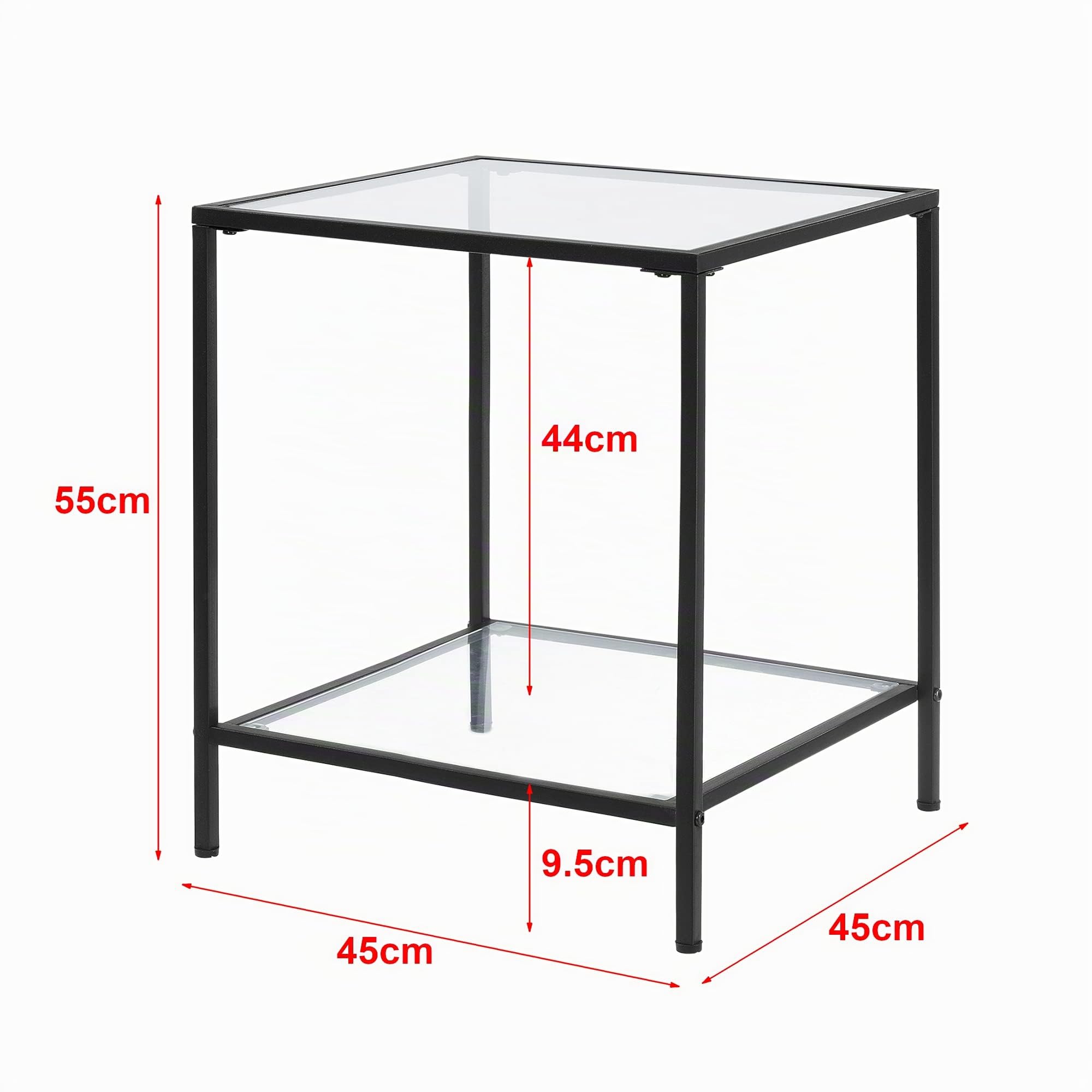 [en.casa] Tavolino da Divano (AxLaxP): 55 x 45 x 45 cm Tavolino Basso da Salotto/Soggiorno/Camera da Letto - Ripiani di Vetro Temperato e Telaio Nero in Acciaio
