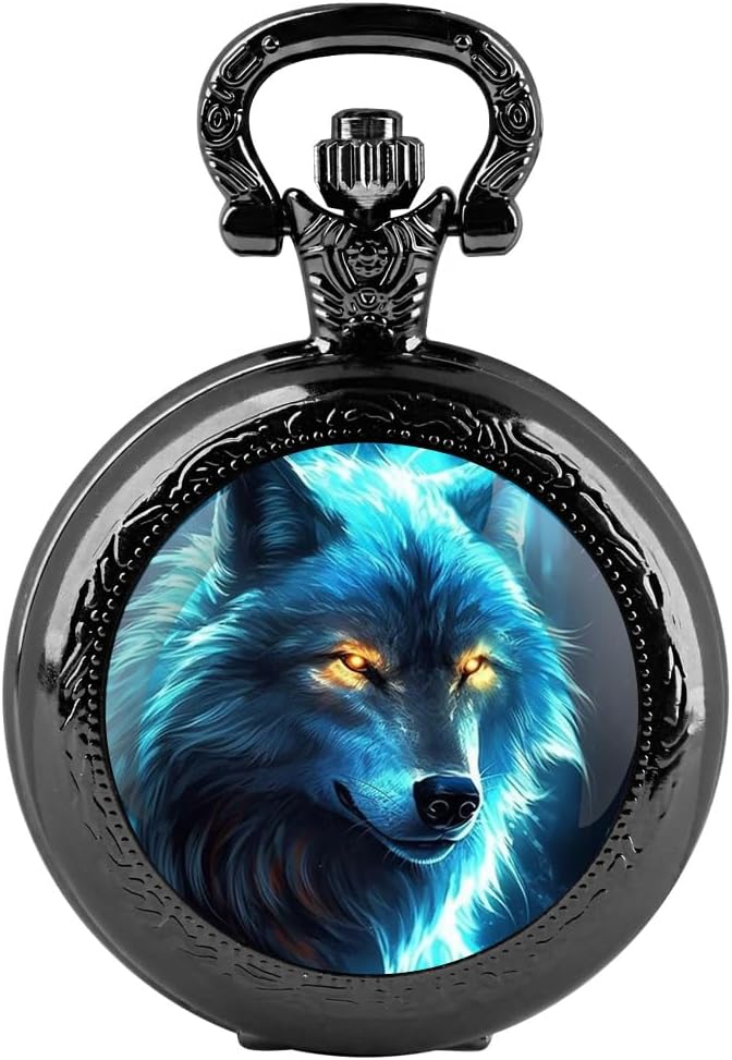 Vintage Wolf Design Glass Dome Quartz Pocket Watch with Durable Chain Arabic Numeral Dial for Men and Women Creative Gifts (TP-027)