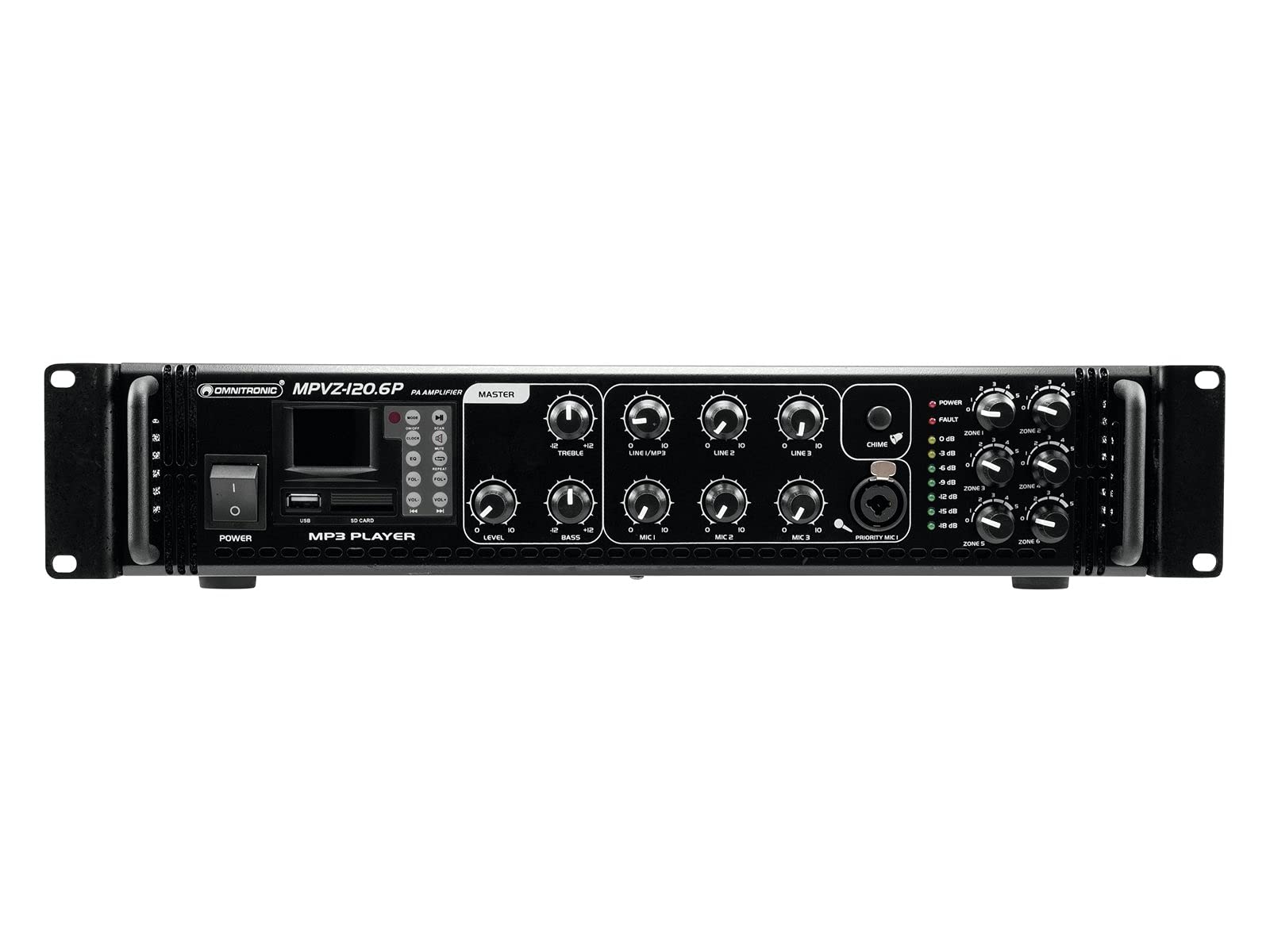 OMNITRONIC MPVZ-120.6P Mischverstärker | 6-Zonen-ELA-Mono-Mischverstärker, MP3-Player & IR-FB, Zonen regelbar, 120 W