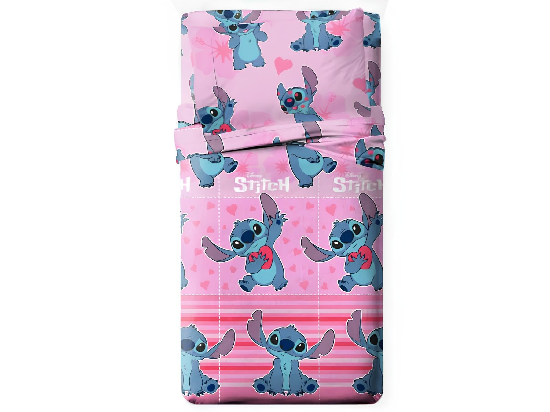 Disney Stitch Juego de Sábanas, 50% Algodón 50% Poliester, para Cama 90-105 cm, Azul y Rosa (Rosa, Cama 105cm)