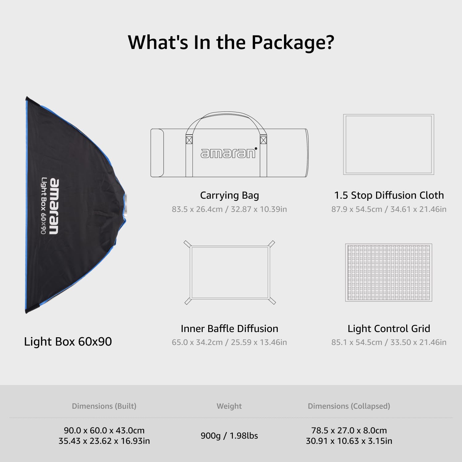 Amaran Light Box 60x90 Faltbare Bowens Mount Softbox, EIN-Snap-Setup rechteckiger Lichtformer mit Diffusion & Wabe für Porträt- & Produktfotografie, Tragbar mit Tragetasche