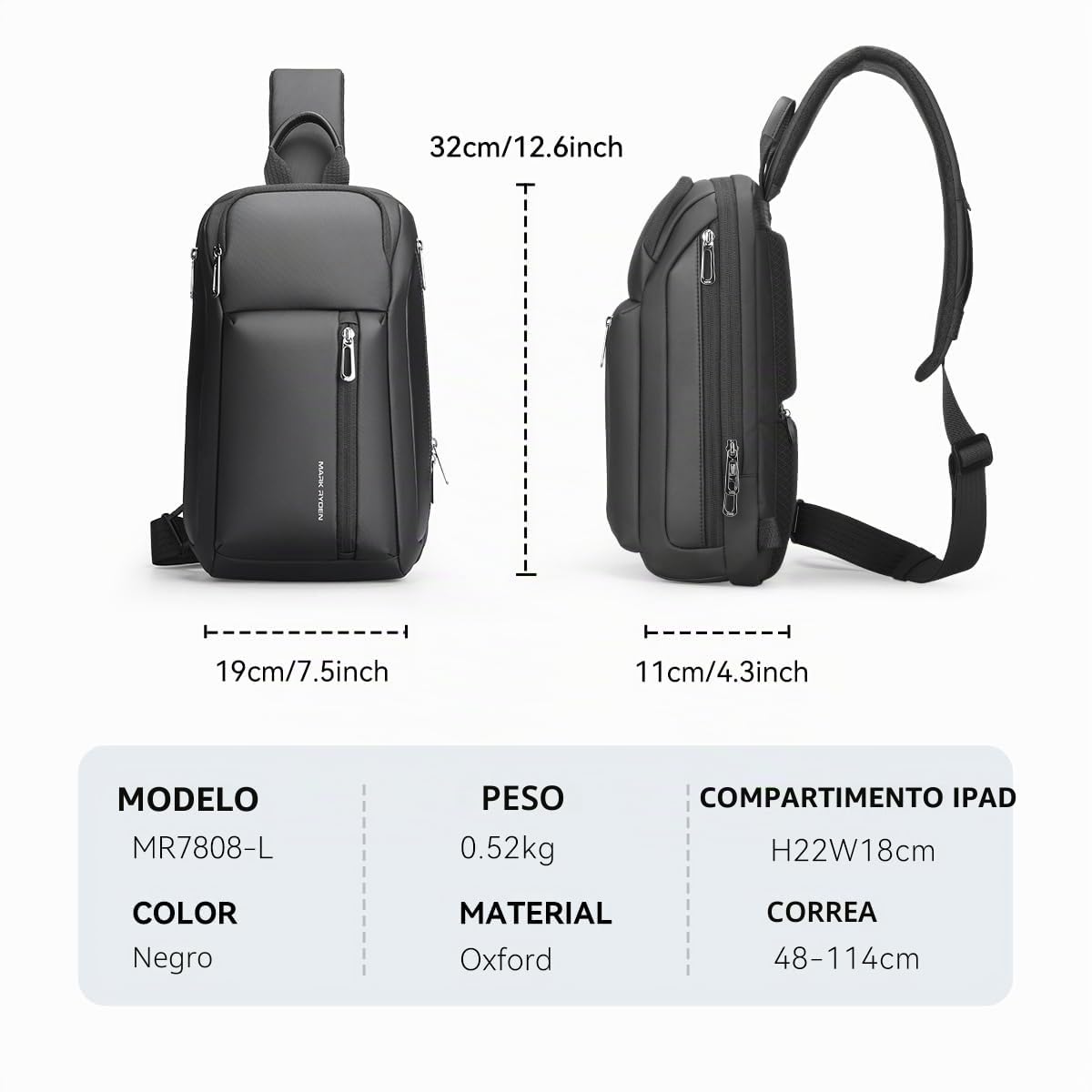 MARK RYDEN Bolso bandolera para hombre, grande, varios bolsillos, bolsillo en el pecho, para iPad de 11 pulgadas