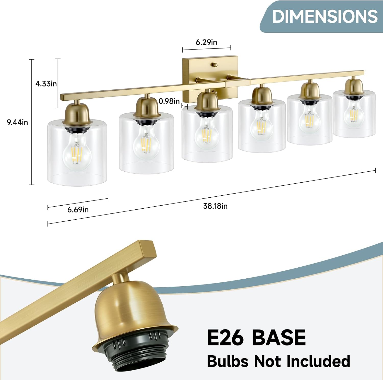Modern Brushed Gold 6 Light Bathroom Light Fixtures,38 inch Vanity Lights for Bathroom with Clear Glass, Vanity Light for Mirror Kitchen Living Room Hallway Cabinet Porch