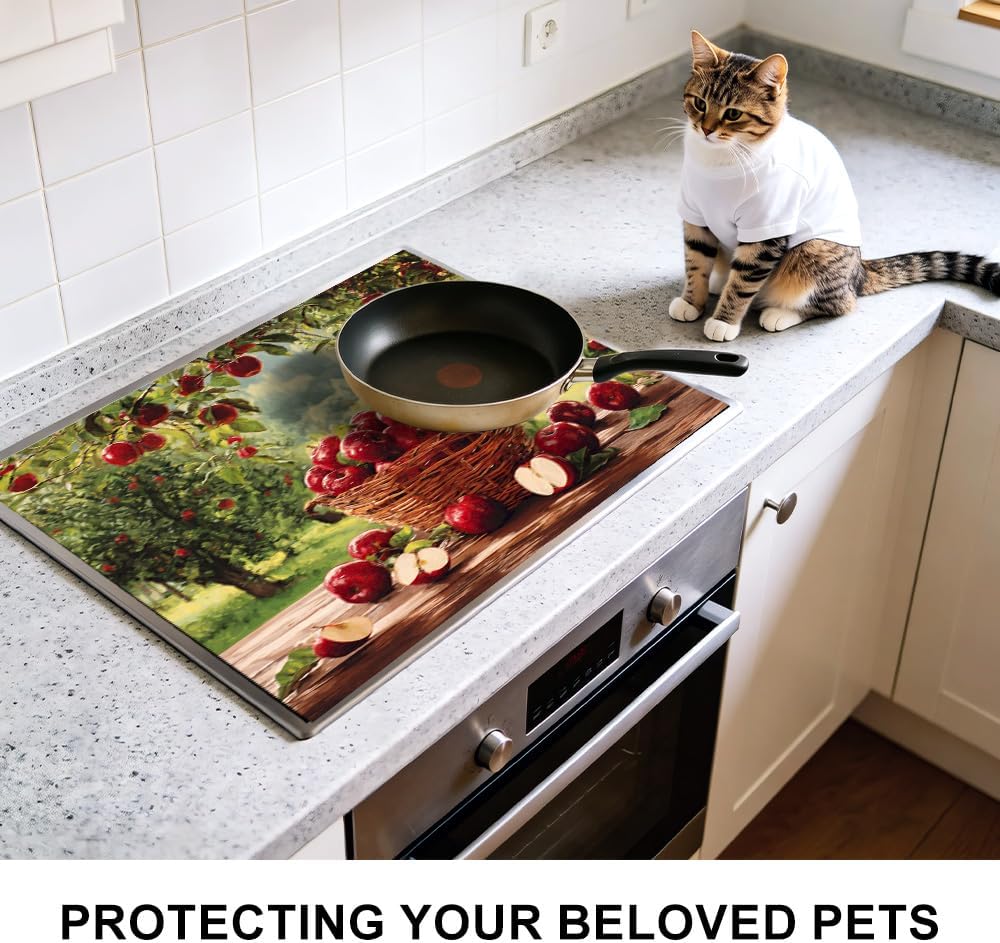 Stove Top Cover for Electric Stove 28.35 x 20.47 Inch Non Slip Stove Mat Apple Orchard Basket Glass Cooktop Protector Kitchen Counter Mat