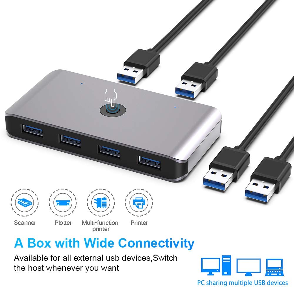 USB3.0 Switch Selector, 2 Computers 6-Port USB 3.0 Peripheral Sharing Switch Hub Adapter for Keyboard, Mouse, U-Disk, Printer, KVM One-Second Switcher USB3.0, Compatible with Mac/Windows/Linux