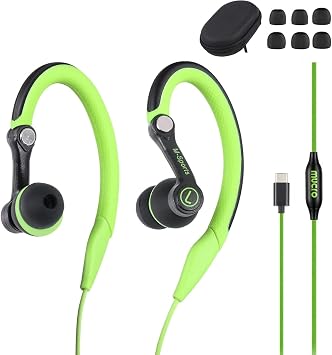 USB C Wired Earbuds with Earhooks, Sport Headphones with Mic Green | Stay-put running fit, perfect for small ears, clear vocals, rich deep bass, ultra-lightweight design