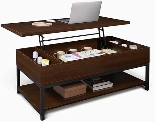 Miniatura 12 de CAPHAUS Mesa auxiliar elevable con compartimento oculto y estante abierto, 41 pulgadas, roble rústico Roble