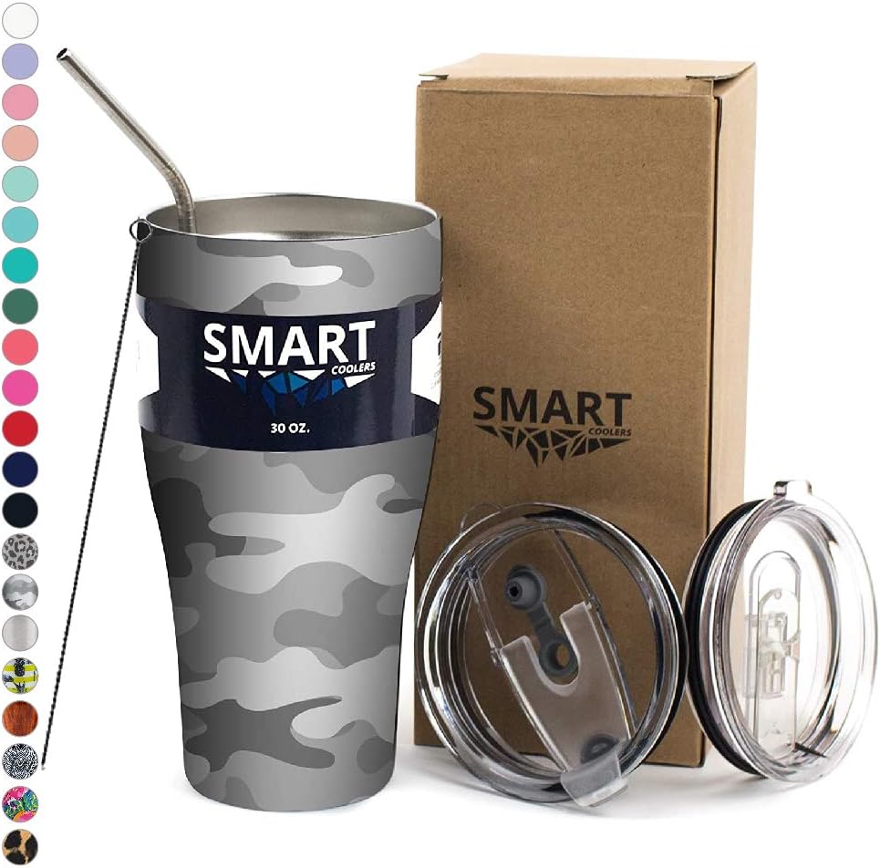 Smart Coolers 30 Oz. Sweat Free Ultra-Tough Double Wall Stainless Steel Tumbler Cup with Leak-proof Heavy Duty Tumbler Lids (Slide Lid & Flip Lid), Straw, & Cleaning Brush - Light Camo