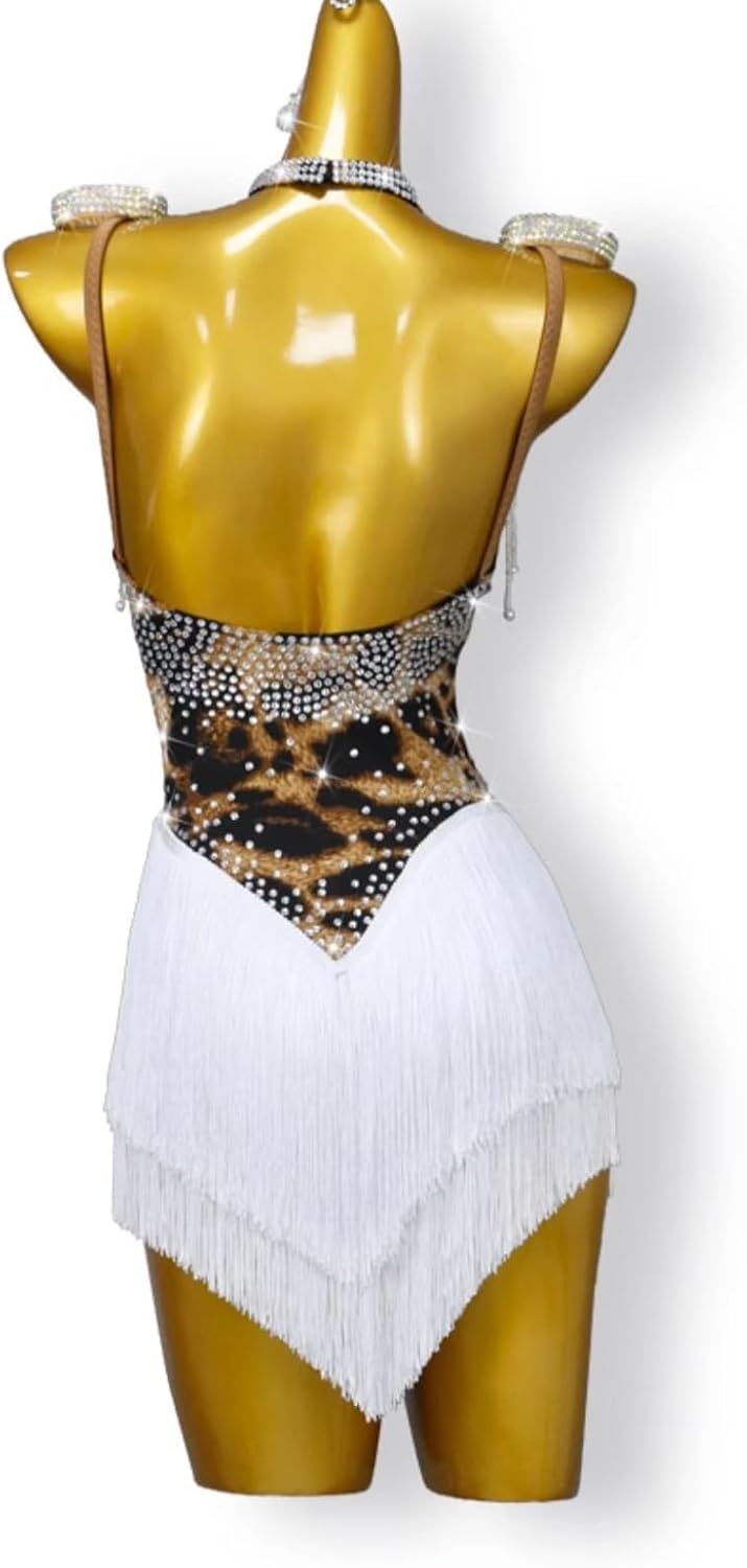 Women's Leopard Print Latin Dance Dress Cha Cha Competition Dance Dress Dancewear for Rumba Samba Fringe