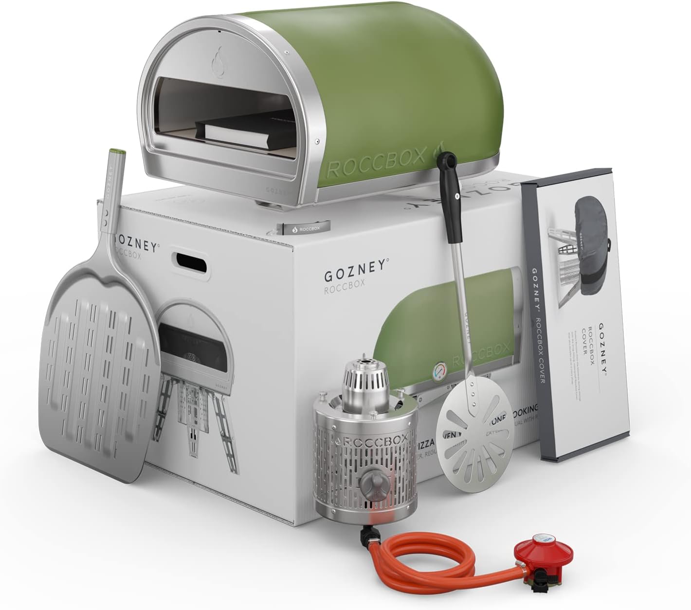 ROCCBOX Gozney Portable Outdoor Pizza Oven Bundle - Professional Grade Turning Peel, Cover, Built-In Thermometer & Safe Touch Jacket – Propane Gas Fired, Rolling Wood Flame – New Olive Green