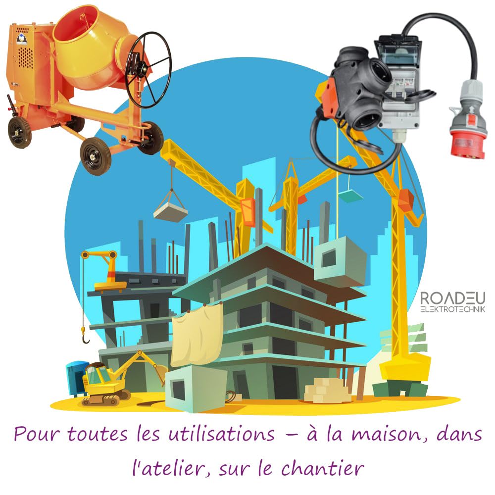 RoadEu | Adaptateur CEE 32A 5P vers Triple Prise 230V 2P+E | Coffret IP44 avec 3 Disjoncteurs C16 | Câble Caoutchouc 1 m | Distribution Sécurisée pour Chantier & Camping