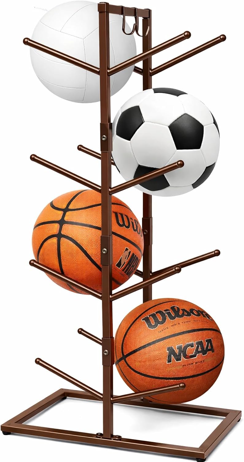 56165 Space saving Basketball Holder for Boys Room Decor - 34.5 Tall Double Side Metal Ball Rack Display Stand for Basketball Football Volleyball Storage,Ball Holder Sports Decor - Brown