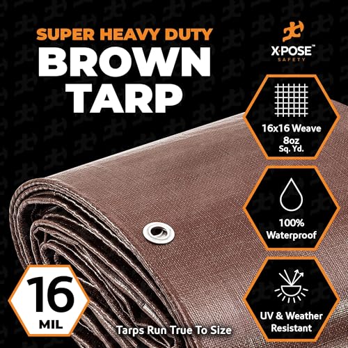 Image of 5' x 7' Super Heavy Duty 16 Mil Brown Poly Tarp Cover - Thick Waterproof, UV Resistant, Rip and Tear Proof Tarpaulin with Grommets and Reinforced Edges - by Xpose Safety