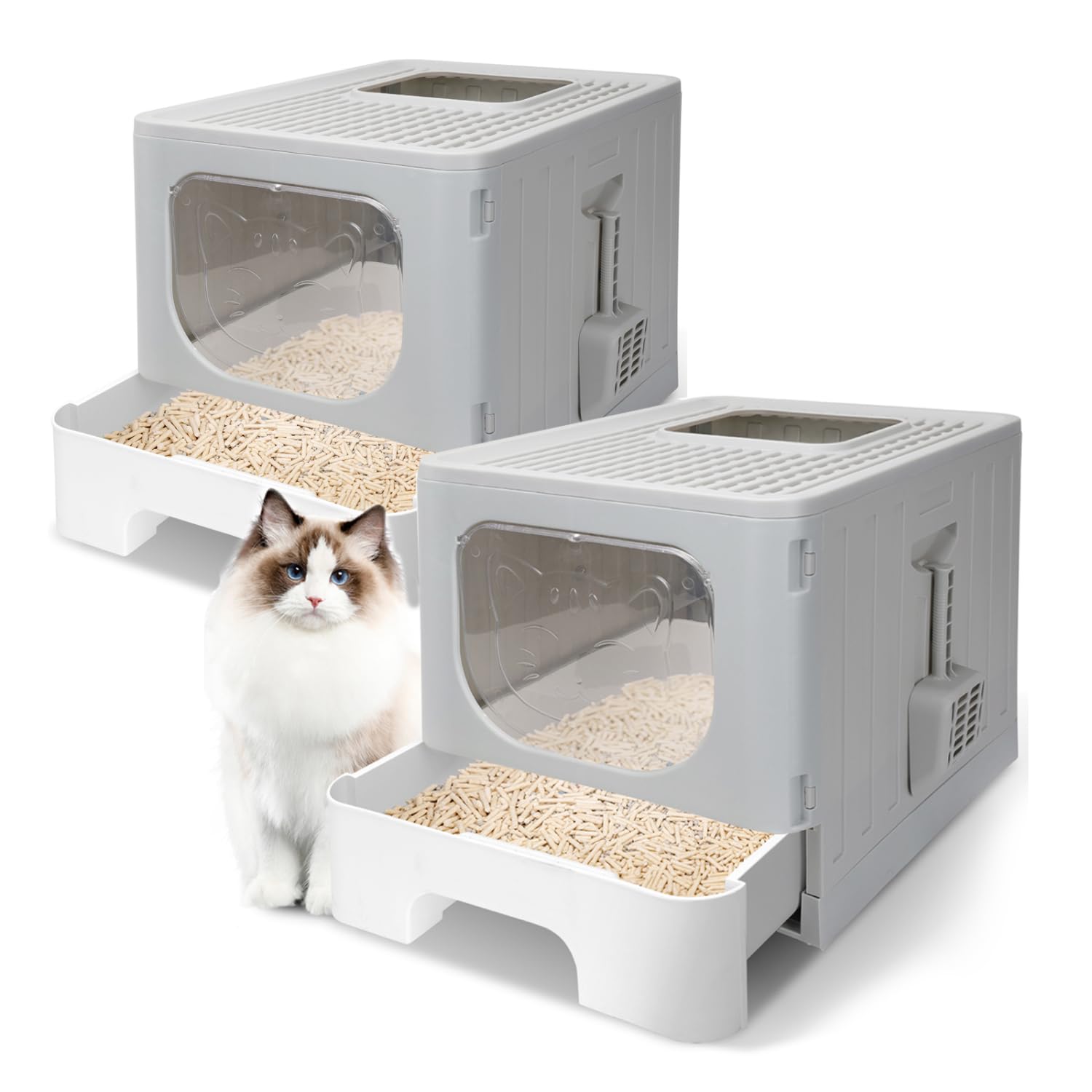 Nobleza - 2 x Arenero para Gatos, Caja de Arena Plegable para Gatos, Caja Arena con Bandeja Extraíble y Pala, Espacioso para Gatos Grandes, 48.5 x 38.5 x 38.2 cm