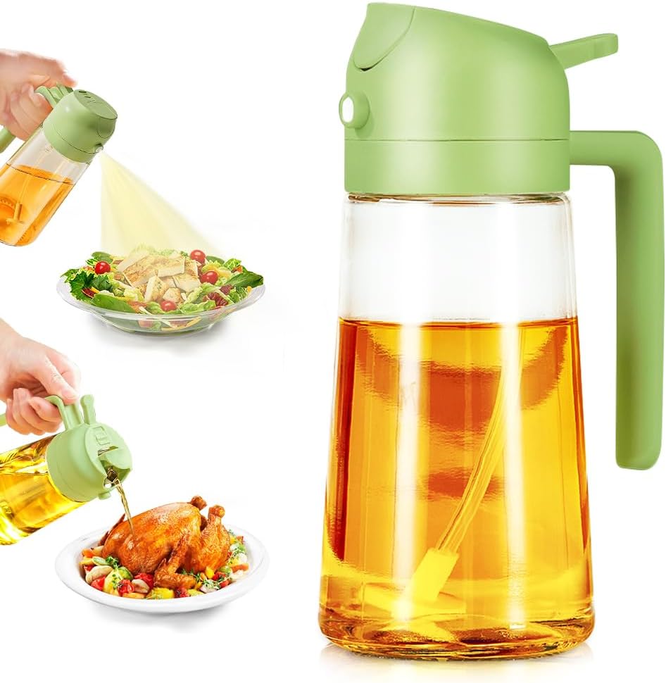 Showvigor 2 in 1 Oil Spray Bottle, 470ml/ 16oz Olive Container,Cooking Oil Spray Glass for Used for Air Fryer, Baking, Grilling(GREEN)