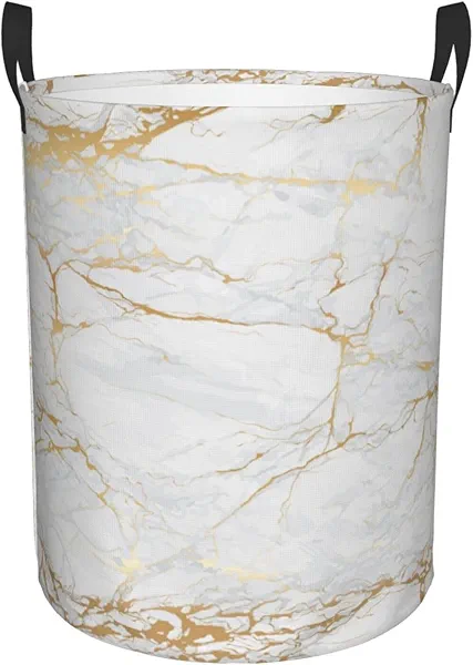 Gbuzozie White Marble Texture Round Laundry Hamper Marbling Storage Basket Toys Clothes Organizer Bin For Home Bathroom Bedroom Dorm Nursery, 62l