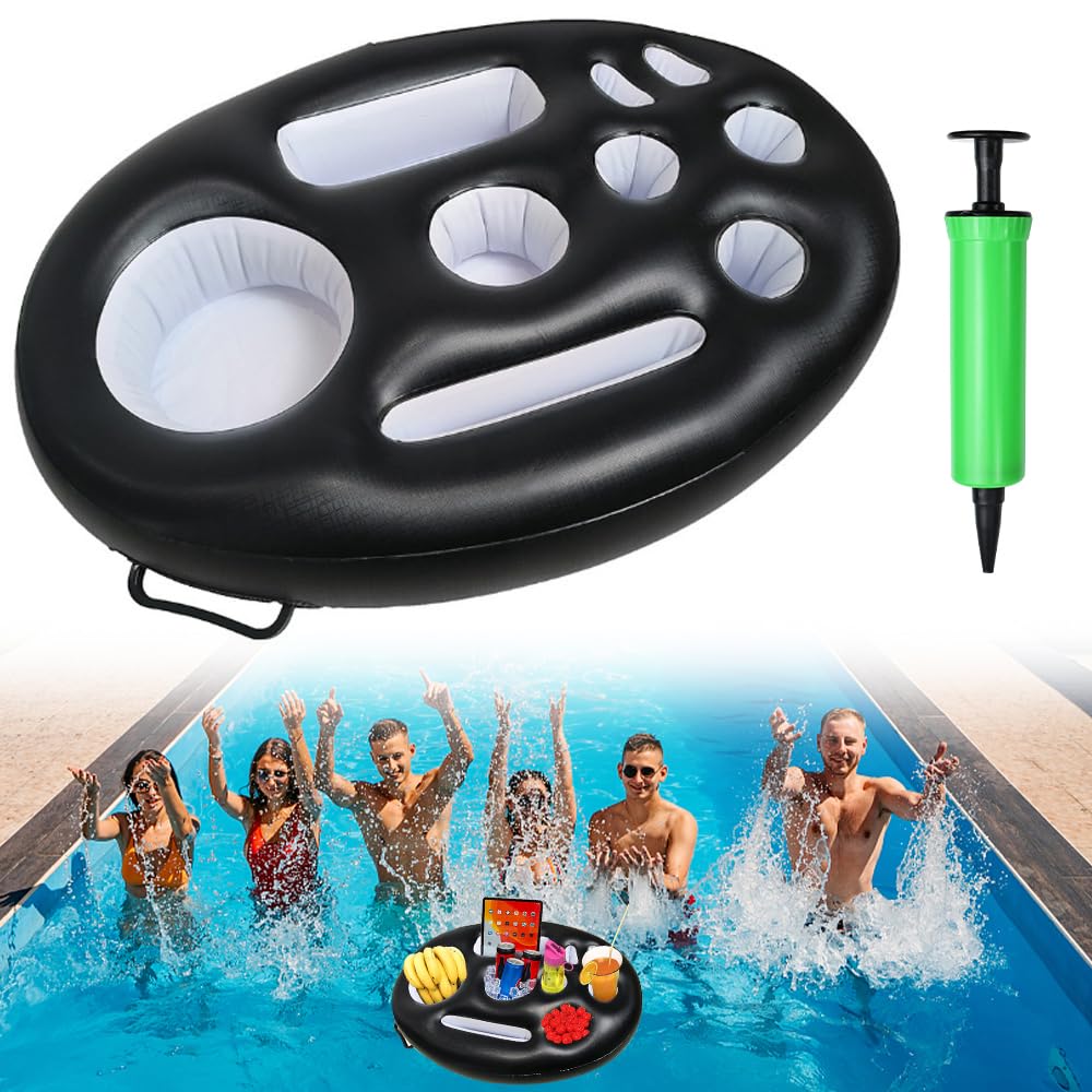 GOLRISEN Bandeja de Bebidas para Piscina, 1 Flotador para Bebidas de Piscina de 9 Compartimentos y 1 Inflador Soporte Hinchable para Bebidas y Aperitivos para Un Rato en Piscina Playa Mar