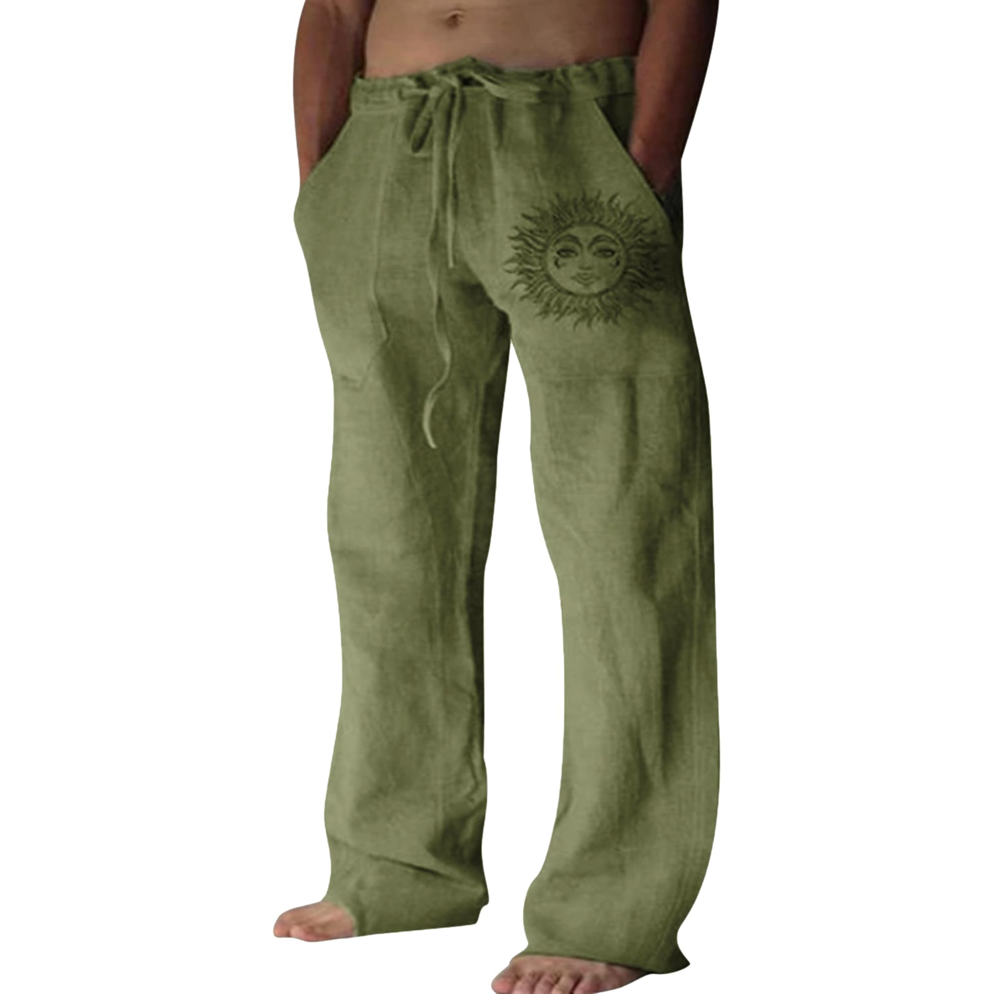 Puimentiua Leinenhose Herren,Lang Leichte Sommerhose,Loose Fit Freizeithose,Baumwollehosen mit Tunnelzug und Taschen (Dunkelgrün,L)