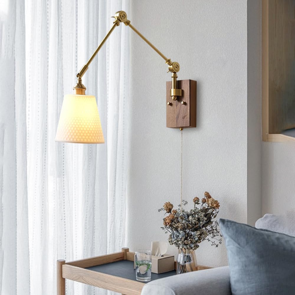 1 Confezione di Applique da Parete in Legno Vintage, Lampada da Parete con Braccio Girevole Regolabile con Paralume in Ceramica Bianca, Moderna Lampada da Parete in Ottone con Interruttore per so