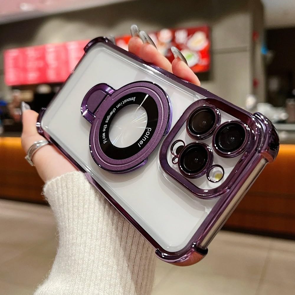 Magnetyczne etui z uchwytem do iPhone'a 16 15 14 13 12 11 Pro Max, powłoka z podstawką, odporna na wstrząsy, ciemnofioletowe, do iPhone'a 14