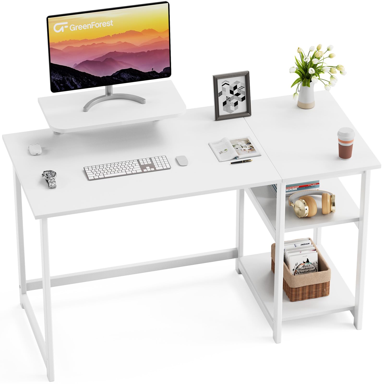 GreenForest Scrivania da Ufficio e Gaming con Supporto per Monitor, Tavolo per computer da Casa da 120 cm con Scaffle Reversibili, Scrivania da Studio per Piccoli Spazi, Bianca Puro