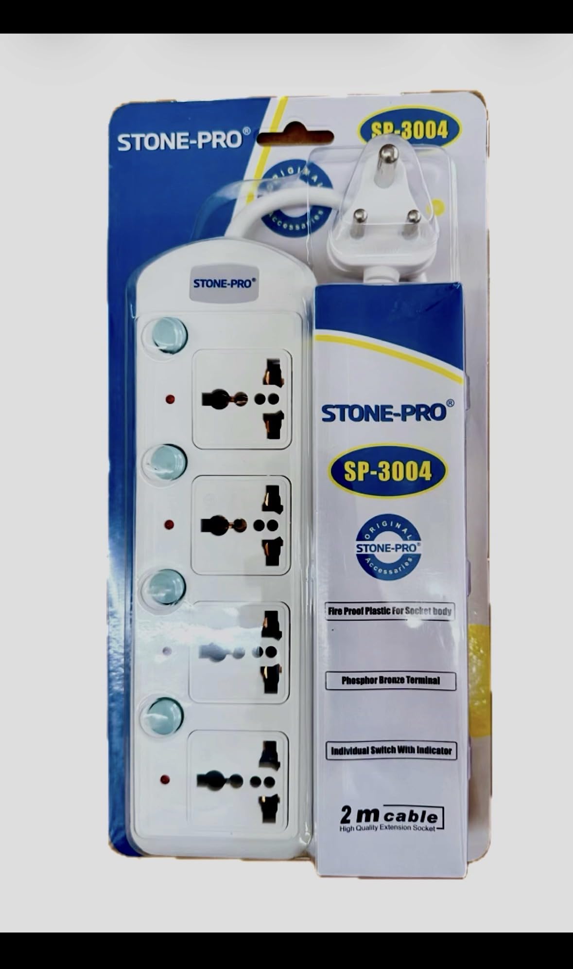 stone sp-3004 power strip with 4 universal sockets, individual switches, led indicators, 2m cable, 2500w power supply