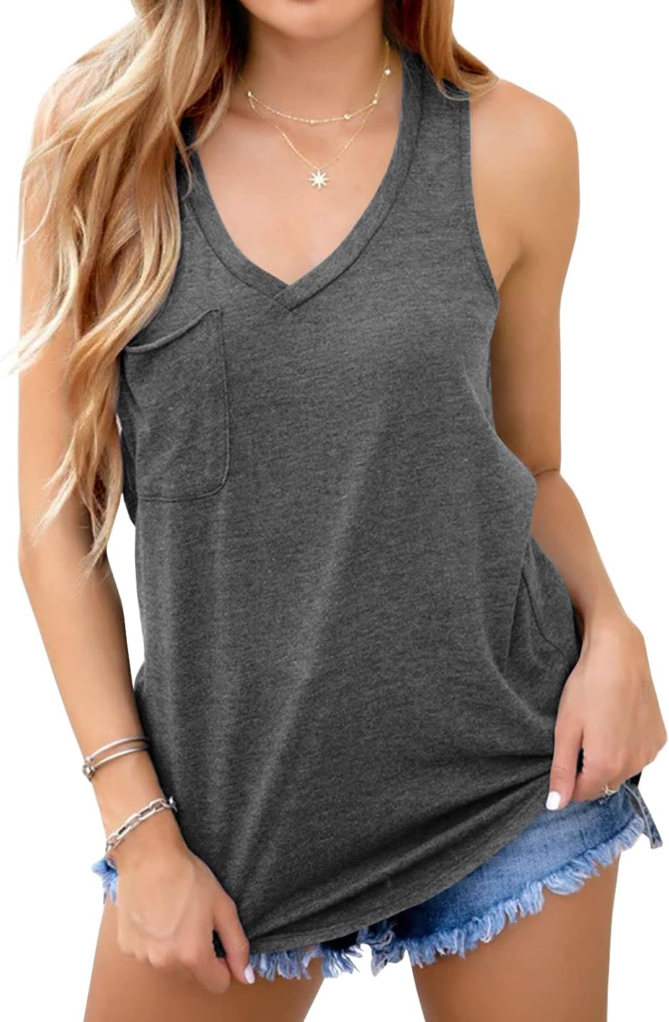Laseily Women’s V Neck Sleeveless Tank Tops Workout Yoga Loose Lightweight Flowy Summer Tee Shirts with Pocket