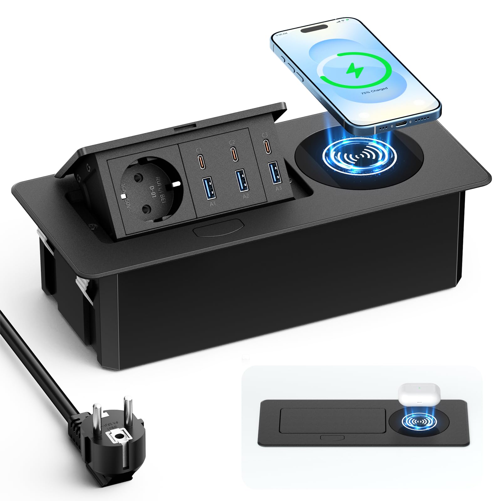Enchufe empotrable con 6 USB, USB-C PD 30W y Carga inalámbrica 15W | Regleta empotrable con 1 toma, USB-A1 30W, cable 1,8 m, escritorio, oficina y cocina, negro