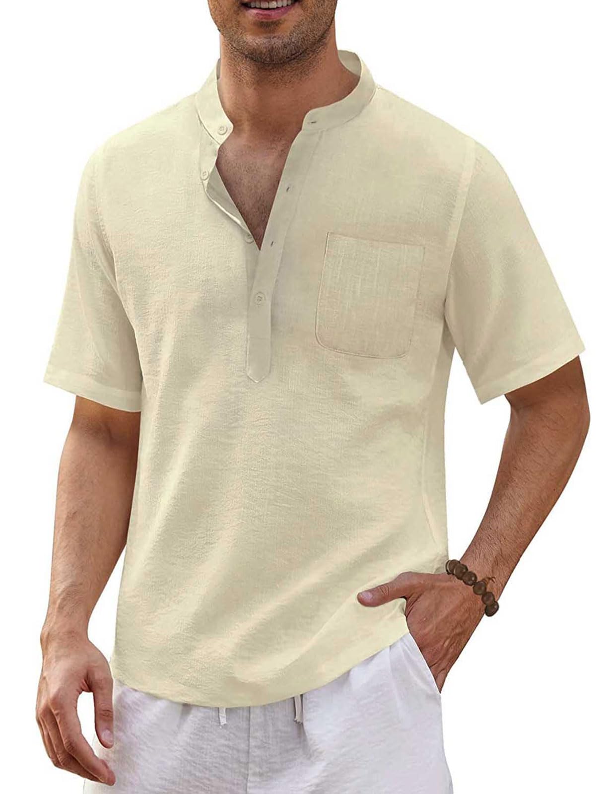 PICKLION Camisa de manga corta para hombre, camisa de lino Henley, verano, playa, algodón, camisa informal