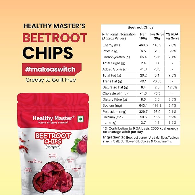 Image of Healthy Master Beetroot Chips 30g | Light & Crispy Chips, high protein | Natural ingredients, Vegan, Gluten Free, No Palm Oil, No Artificial Preservatives, Trans Fat Free, Low Calorie